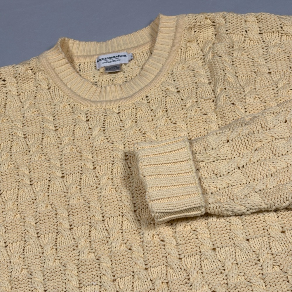 Vintage 90s Abercrombie Fitch Cable Knit Sweater Mens L Cream Yellow Cotton HK